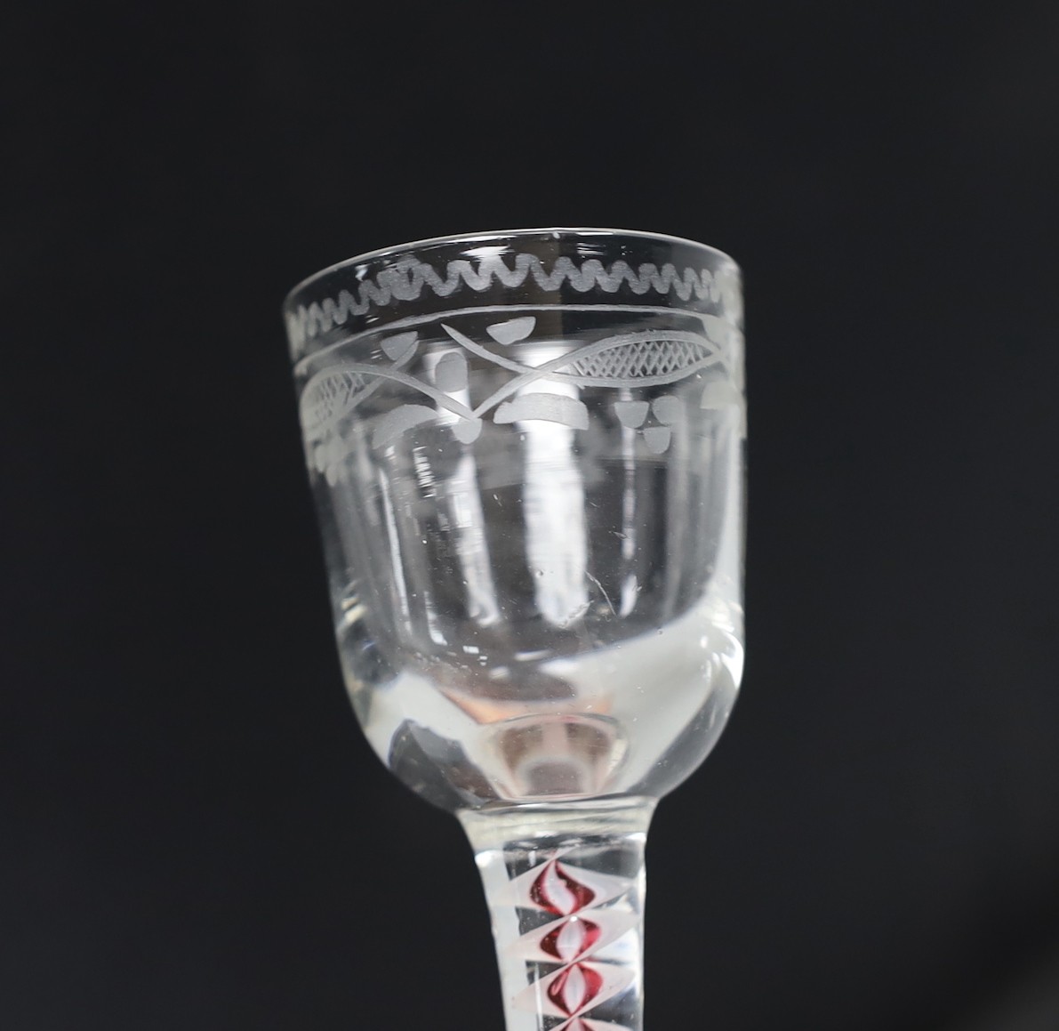 A Dutch red and white colour twist stem cordial glass, 13cms high - Image 2 of 4