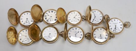 Nine assorted mainly late 19th/early 20th century gold plated hunter pocket watches including four