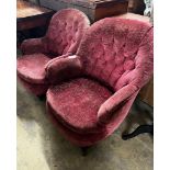 A near pair of Victorian button spoonback armchairs, width 72cm, depth 80cm, height 85cm