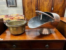 A Victorian copper coal scuttle and a brass preserving pan