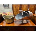 A Victorian copper coal scuttle and a brass preserving pan