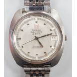 A gentleman's 1970's? stainless steel Omega Electronic wrist watch, on associated steel bracelet,