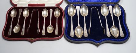 Two cased sets of six silver teaspoons and sugar tongs, including Sheffield, 1908.