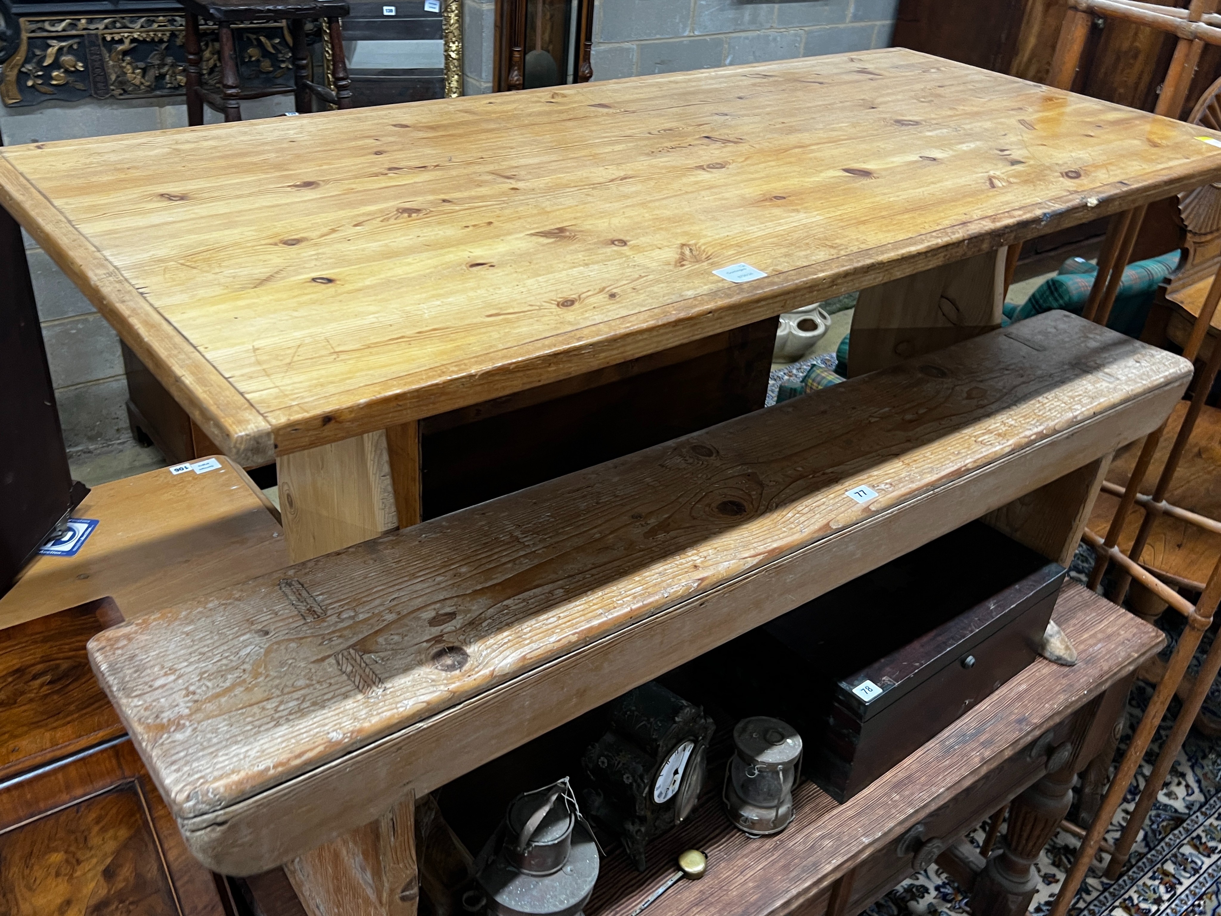 A rectangular pine refectory table, length 150cm, width 67cm, height 72cm and a 19th century pine - Image 2 of 3