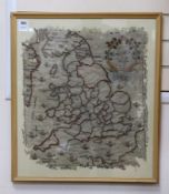 A framed early 19th century map sampler of England and parts of Scotland and Wales. 55x49cm excl