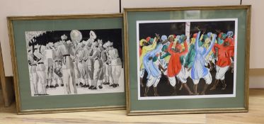 Violet Hilda Drummond (1911-1994), two ink and watercolour drawings, Indian troop musicians and