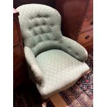 A Victorian upholstered spoon back armchair, width 66cm, depth 84cm, height 79cm