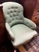 A Victorian upholstered spoon back armchair, width 66cm, depth 84cm, height 79cm