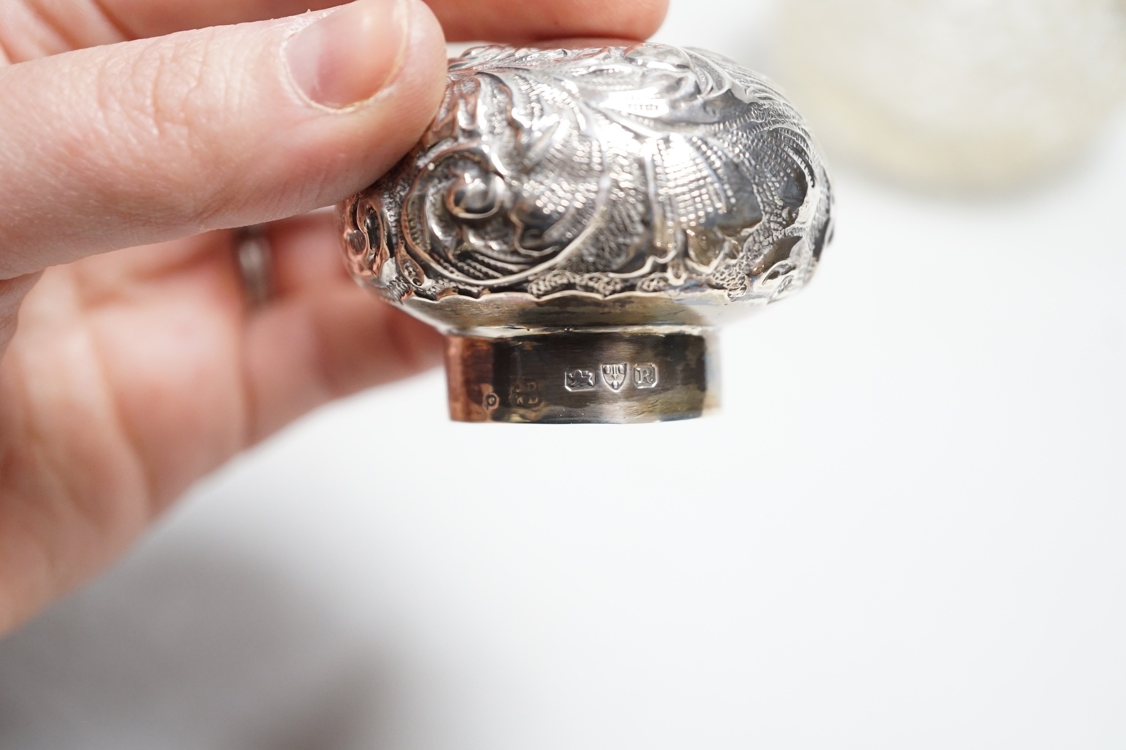 A late Victorian repousse silver mounted cut glass scent bottle, Chester, 1900, 13cm and a silver - Image 5 of 6