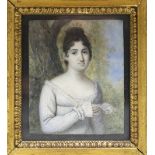 19th century English School, watercolour on ivory, Miniature of a lady holding a letter, 7 x 5.