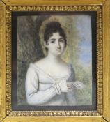 19th century English School, watercolour on ivory, Miniature of a lady holding a letter, 7 x 5.