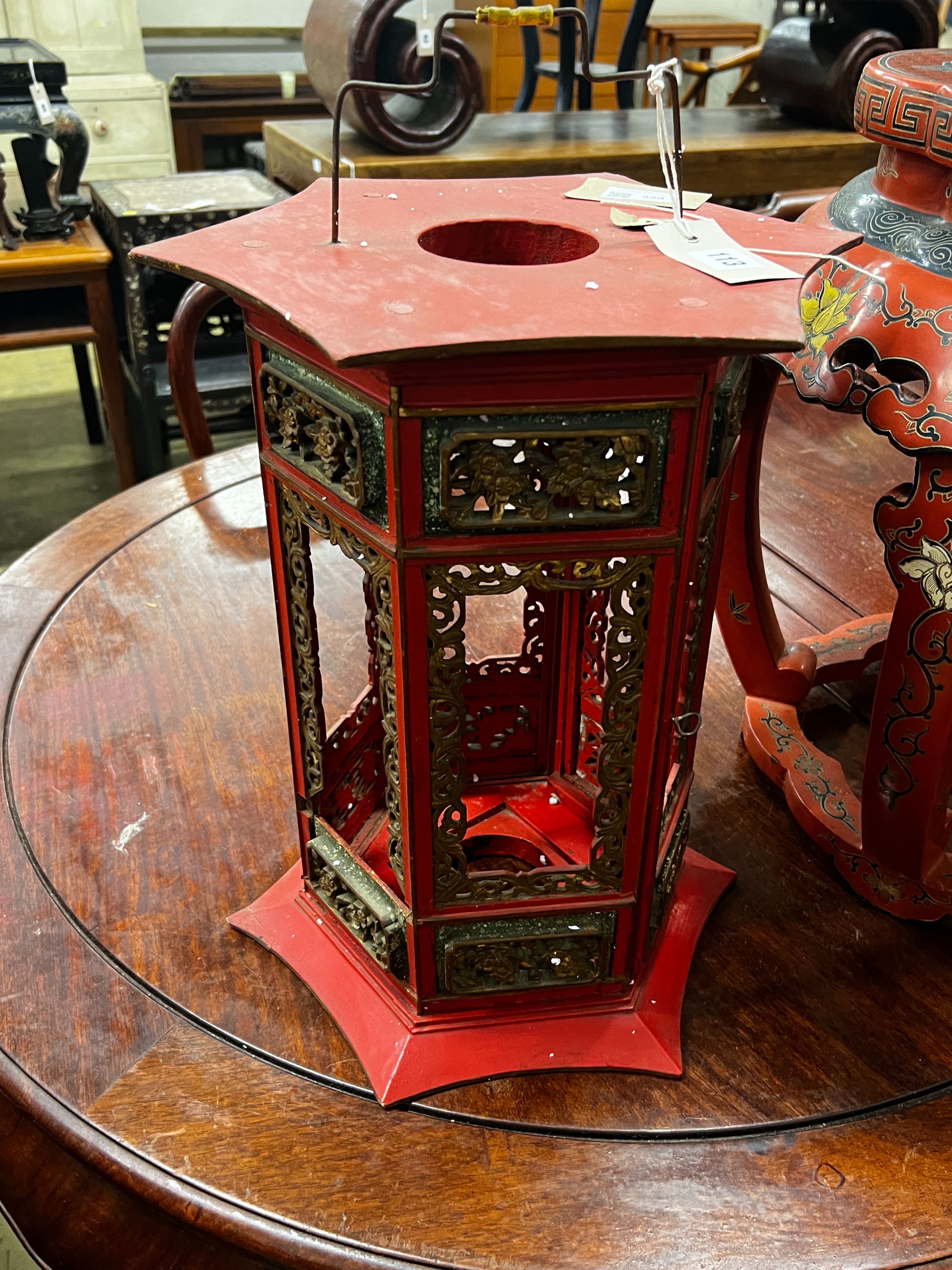 A Chinese red lacquer circular vase stand, diameter 44cm, height 47cm together with a similar - Image 3 of 6