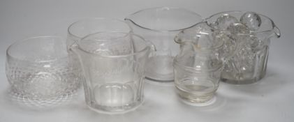 Three Georgian glass wine rinsers, two finger bowls and a jug and various stoppers,