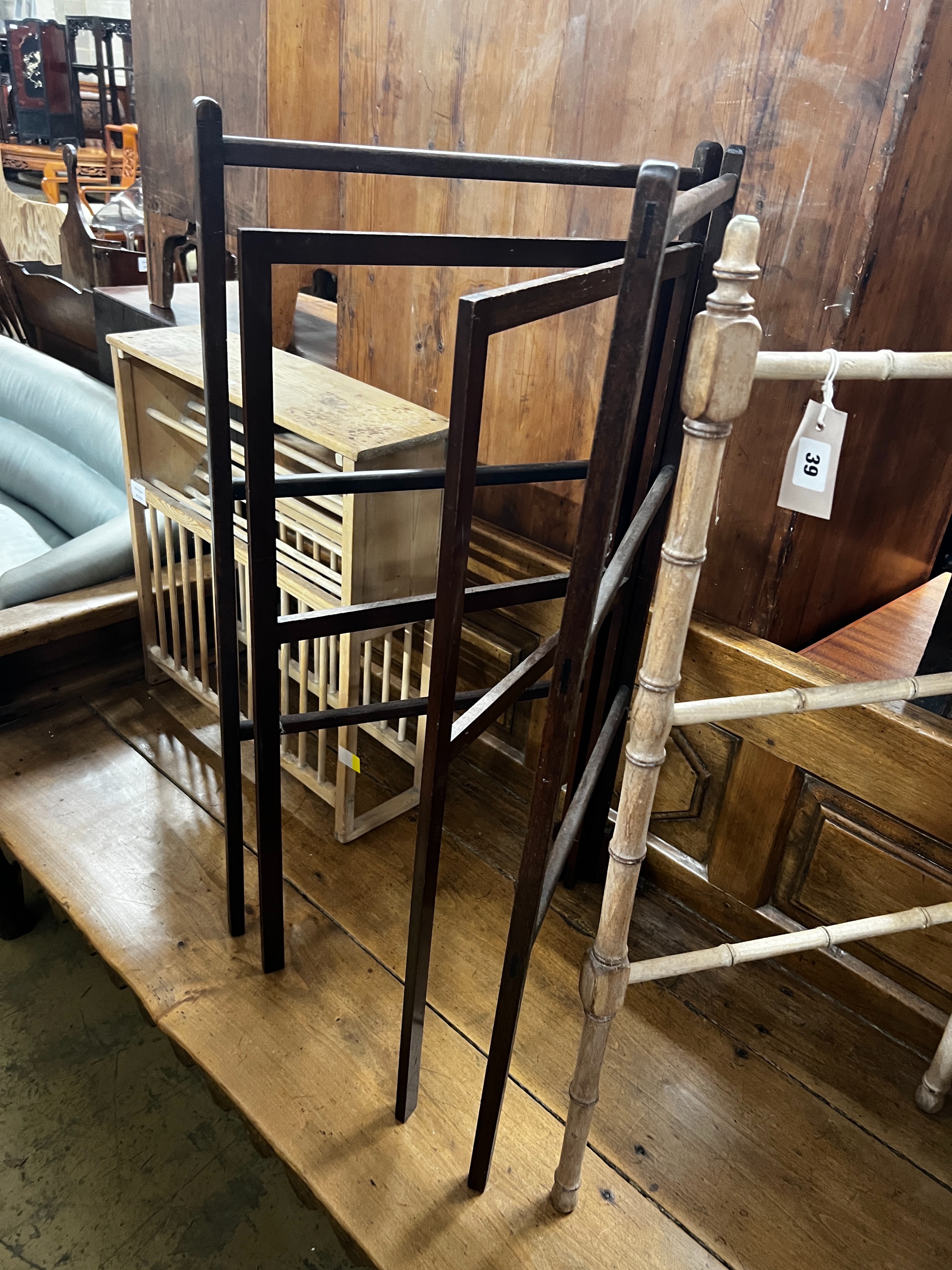A 19th century faux bamboo folding towel rail together with two mahogany towel rails, largest height - Image 3 of 3
