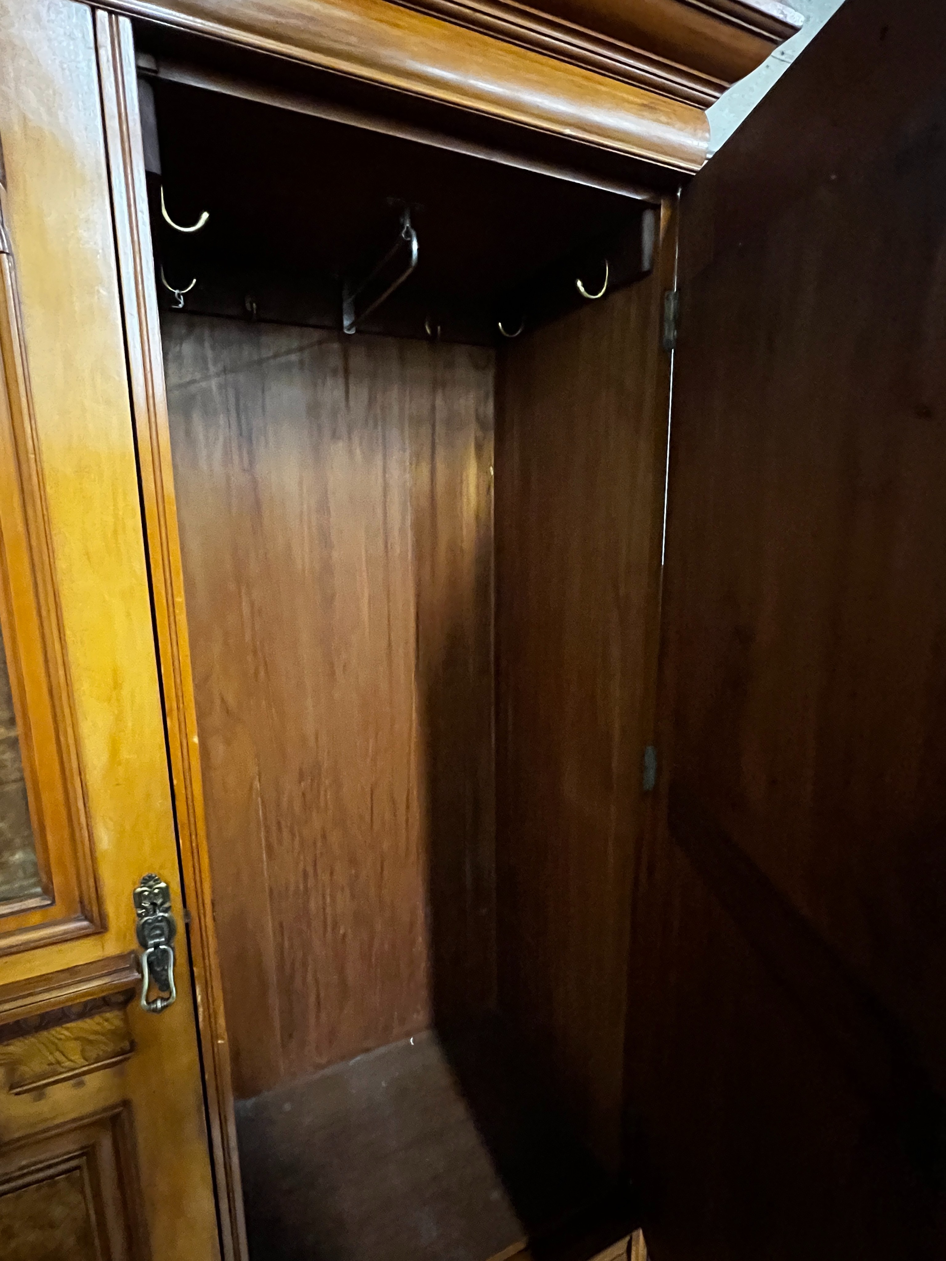 A late Victorian satin walnut and burr elm two door mirrored wardrobe, width 130cm, depth 50cm, - Image 5 of 5