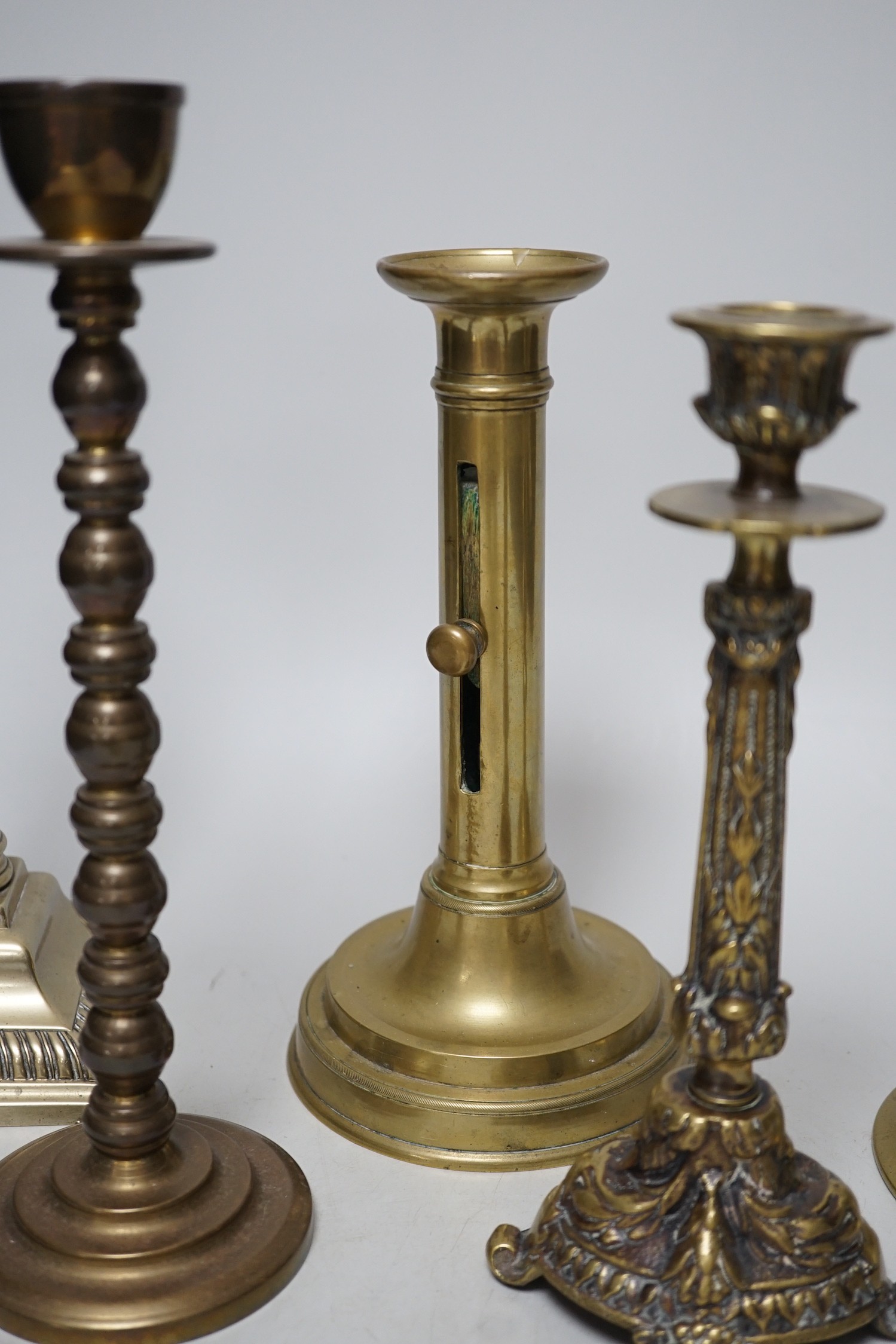 Five various brass candlesticks, tallest 26cms high - Image 4 of 6