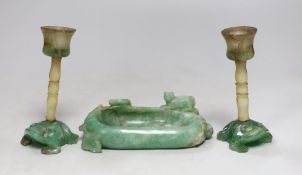 A pair of Chinese jade stemmed and green quartz candlesticks and a green quartz brushwasher, 12cms