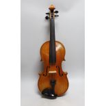 A cased violin, sound post loose