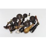 A selection of wood-mounted desk seals, 19th/20th century, together with some treen cased wax