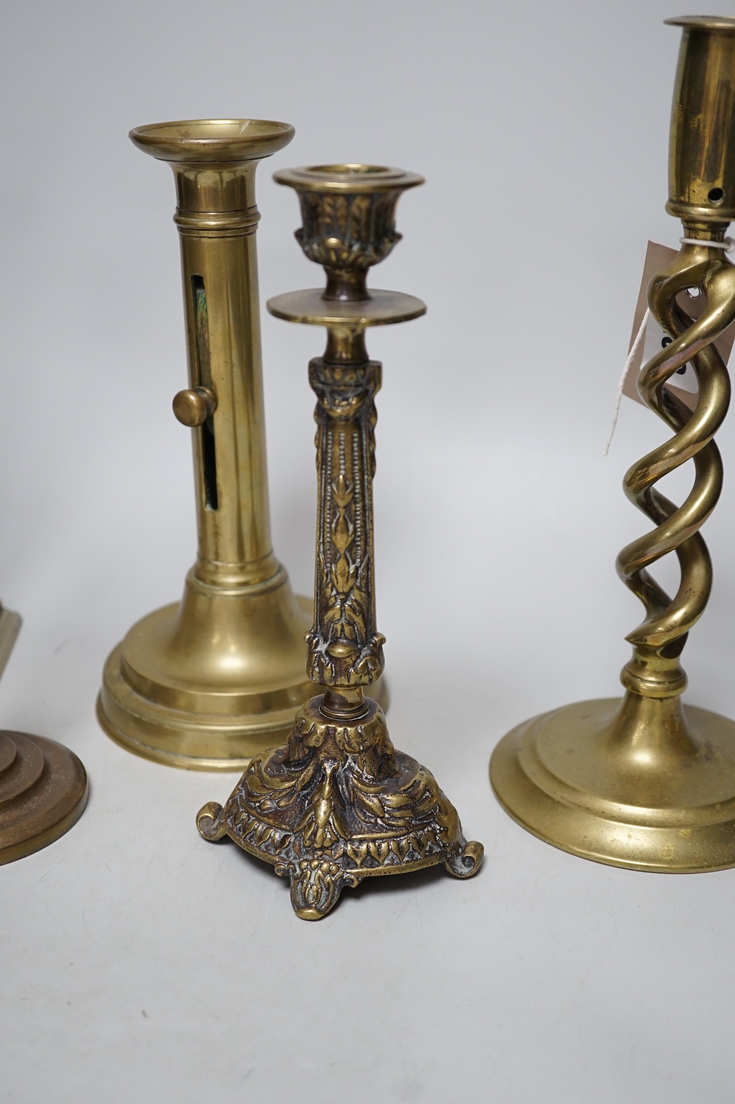 Five various brass candlesticks, tallest 26cms high - Image 3 of 6