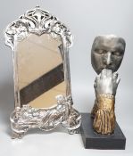 An Art Nouveau style easel mirror and a contemporary sculpture,mirrror 50cms high