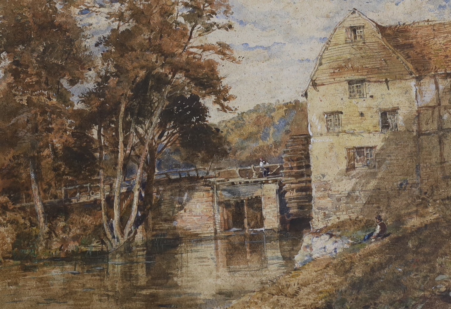 David Cox (1783-1859), watercolour, Figures beside a watermill, signed and dated 1845, 23 x 32.5cm