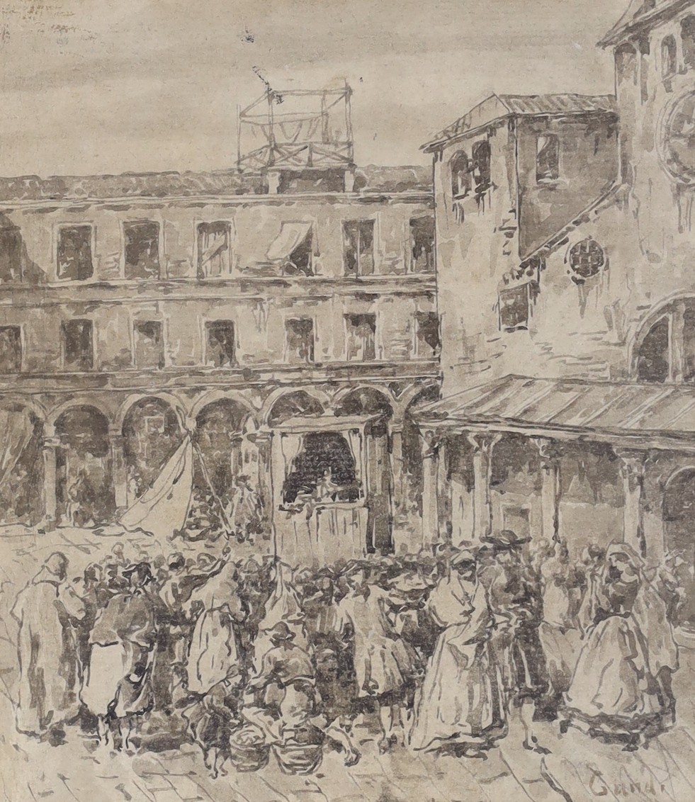 French School, monochrome watercolour, Figures watching a Punch and Judy show in an Italian town