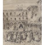 French School, monochrome watercolour, Figures watching a Punch and Judy show in an Italian town