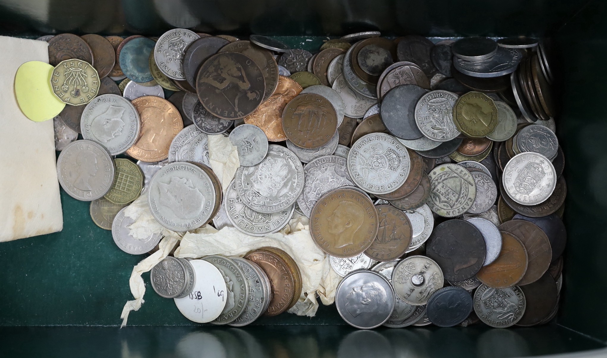 A box of UK and World coins including George V and George VI florins, shillings etc - Image 2 of 5