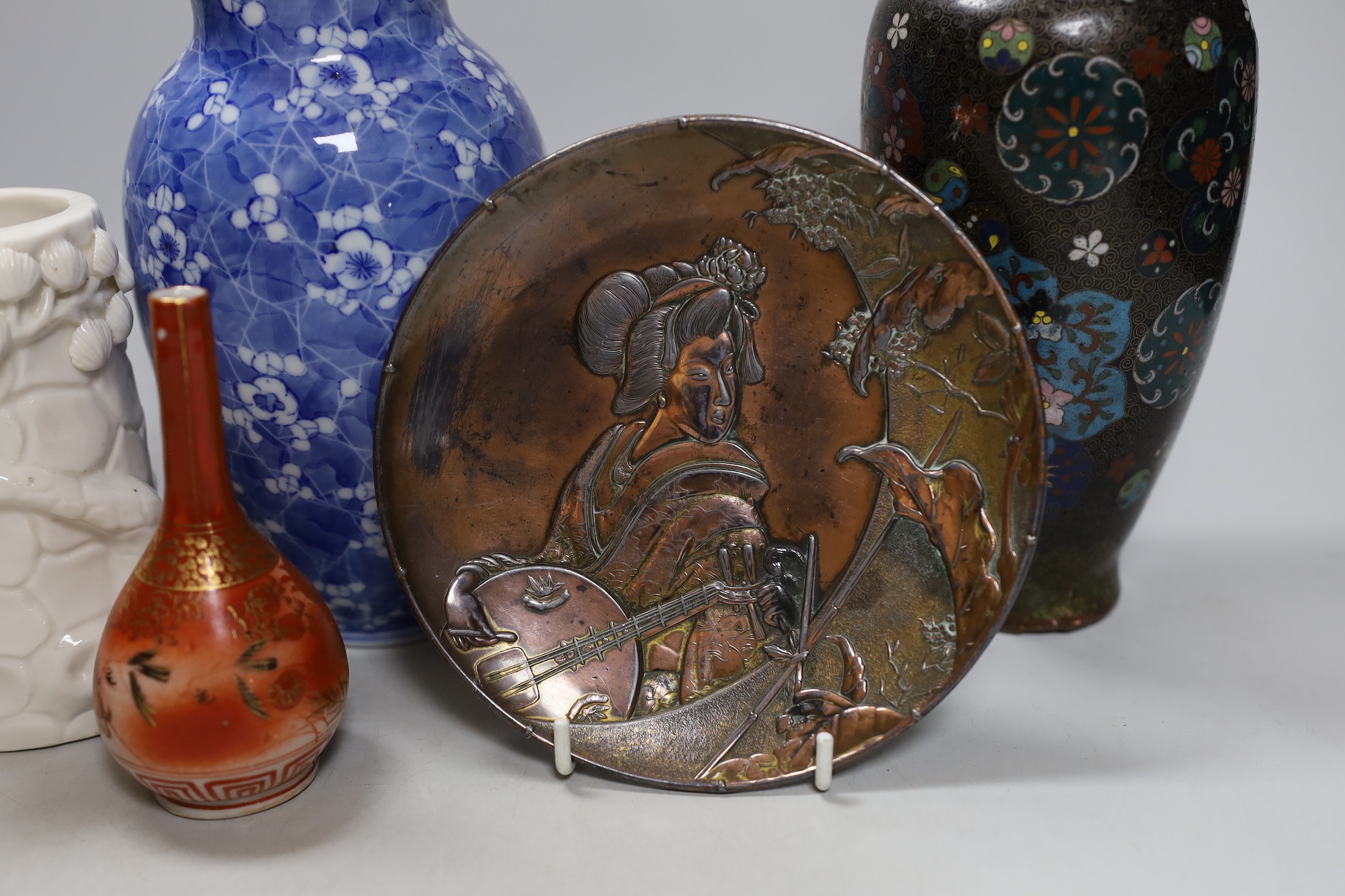 A pair of Japanese cloisonné enamel vases, four Japanese vases and an antimony dish. Tallest 22cm - Image 3 of 6