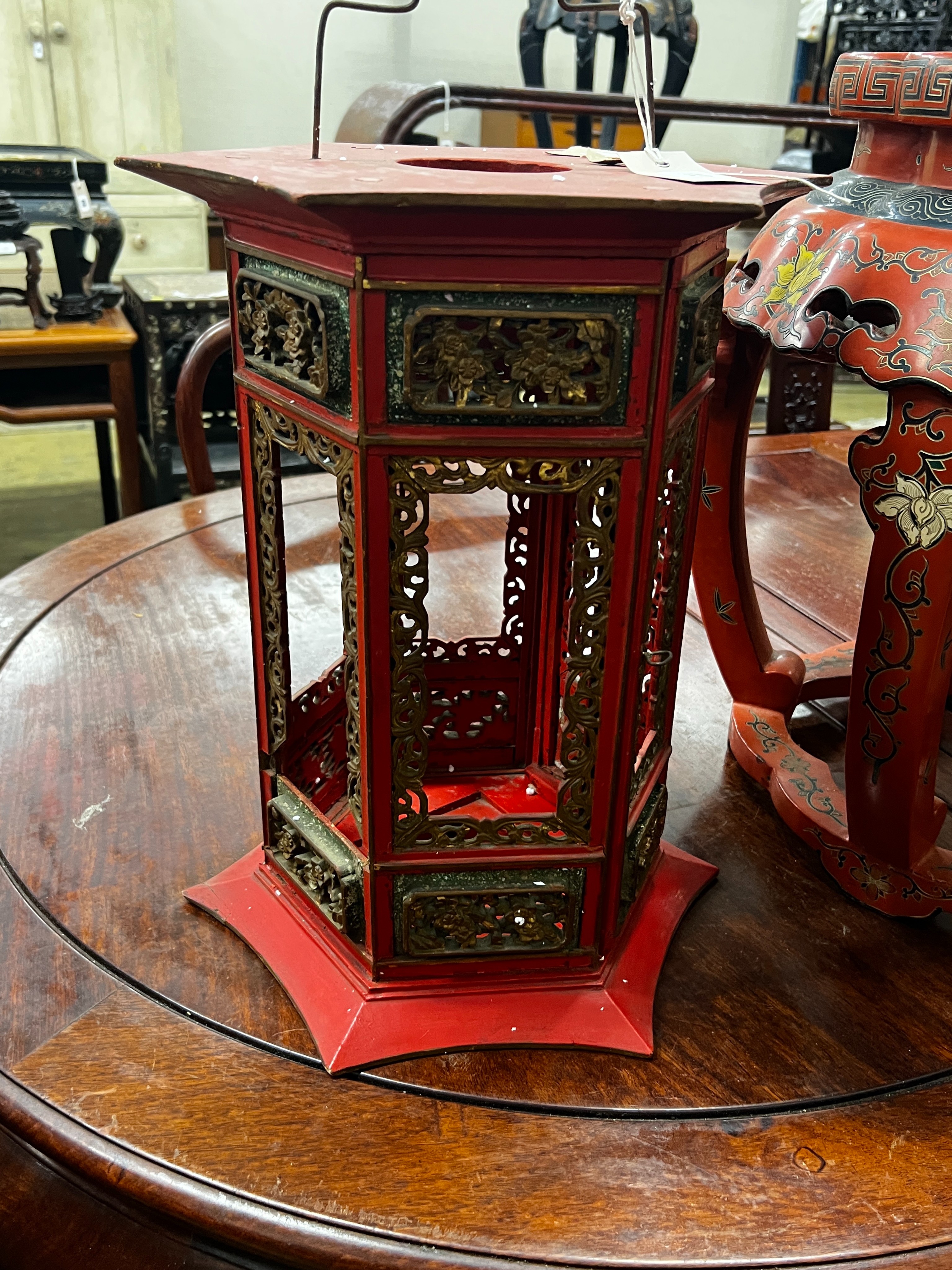 A Chinese red lacquer circular vase stand, diameter 44cm, height 47cm together with a similar - Image 2 of 6