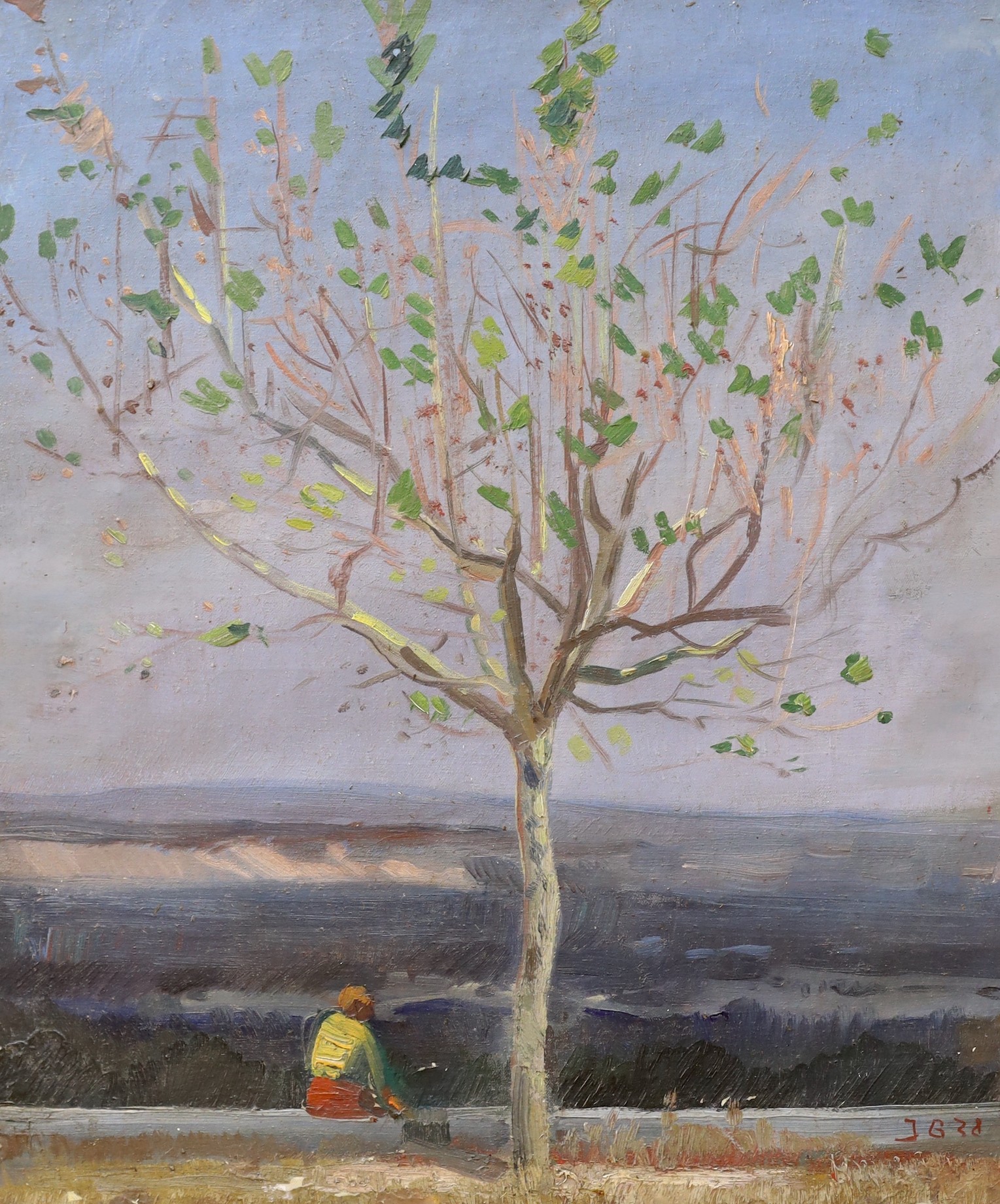 J.G '38, oil on canvas, Landscape with woman seated beneath a tree, initialled and dated '38, 65 x