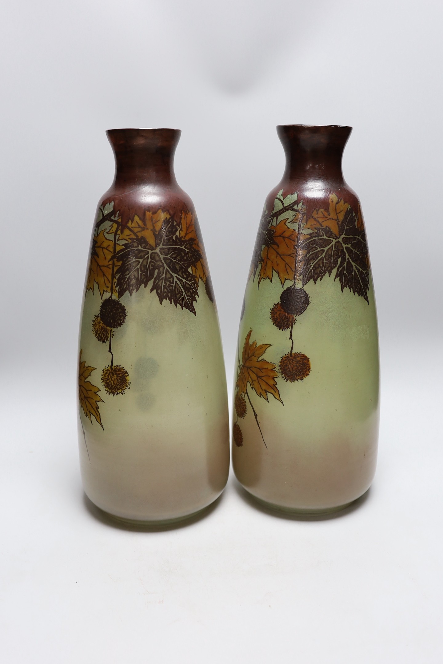 A large pair of French glass enamelled vases with autumnal design. 42cm tall - Image 2 of 4