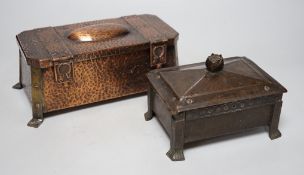 An Arts & Crafts hammered copper and brass mounted casket 23cms wide x 9cms high, together with a
