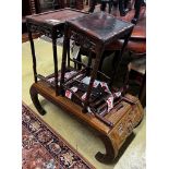 A Chinese carved hardwood low table, length 89cm, depth 43cm, height 36cm together with three