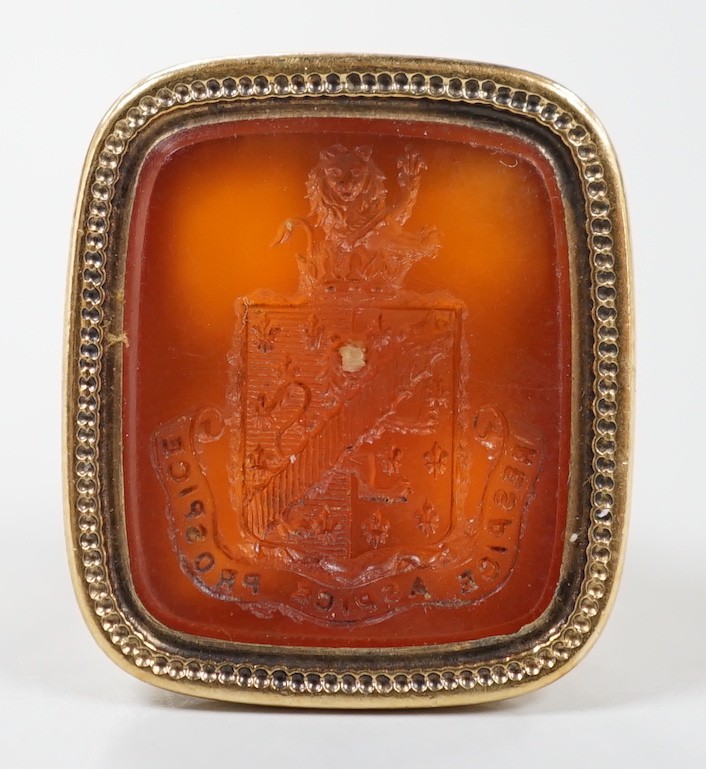 An early 19th century yellow metal overlaid and carnelian set fob seal, the matrix carved with - Image 2 of 4