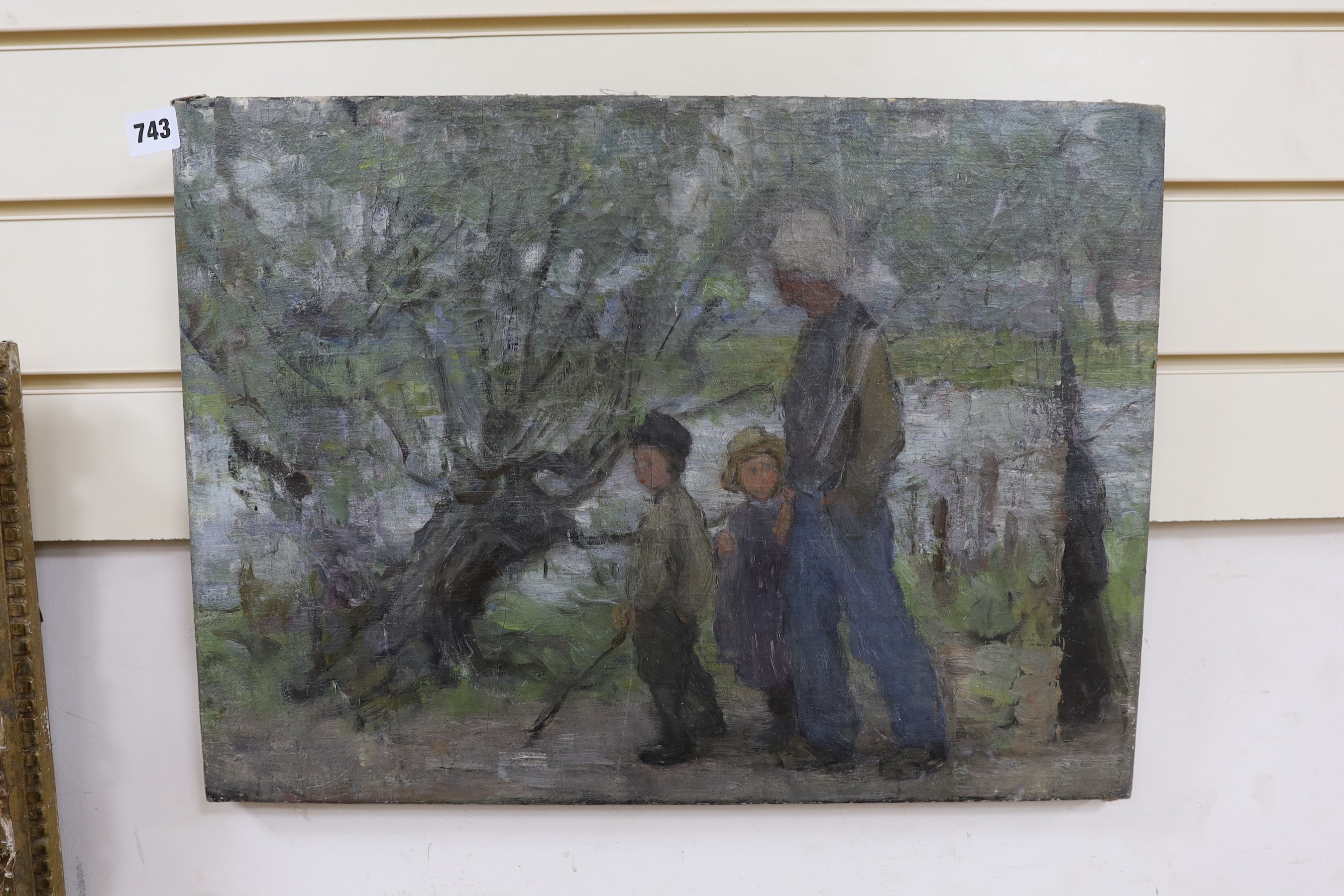 Early 20th century Dutch School, oil on canvas, Father and children walking beside willow trees, - Image 2 of 2