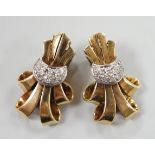 A pair of mid 20th century yellow and white metal, diamond cluster set scroll ear clips, 27mm, gross