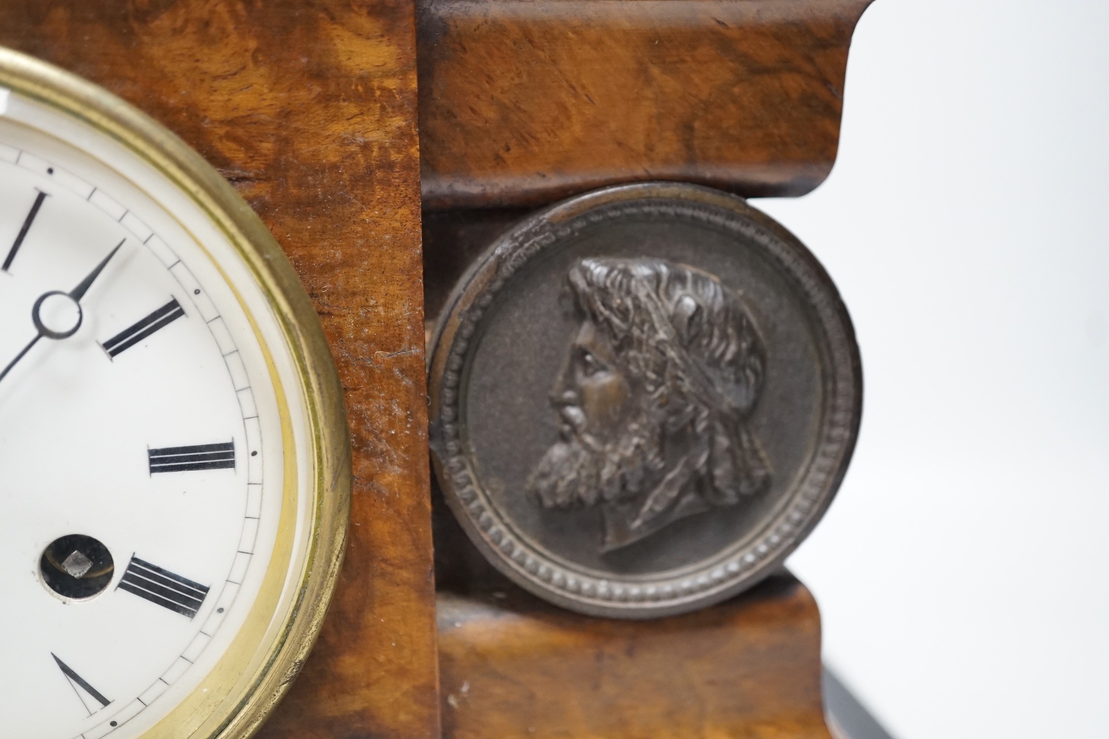 A Victorian walnut and ebonised bracket clock with two classical cartouches, 33cms wide x 23cms high - Image 4 of 7