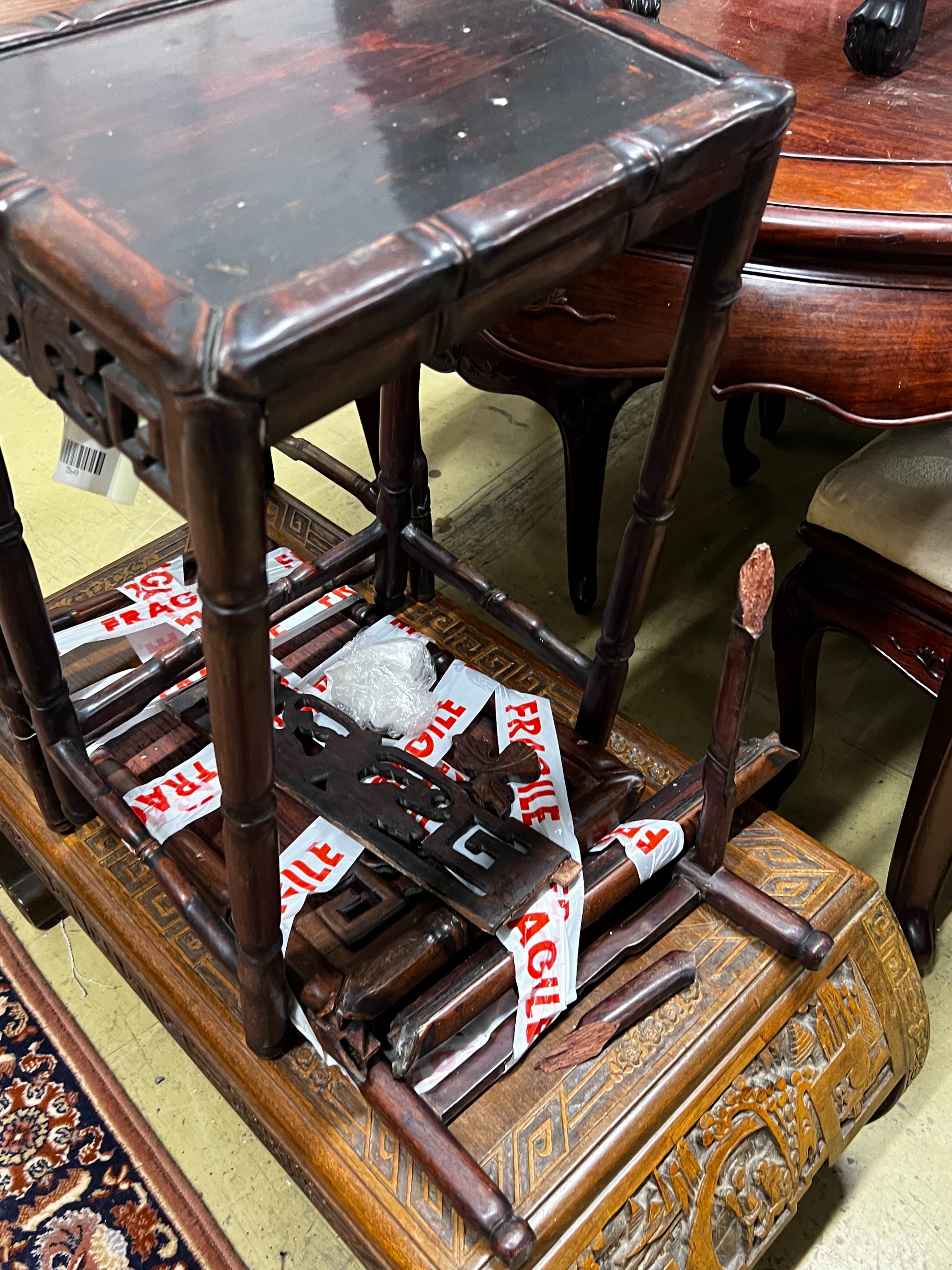 A Chinese carved hardwood low table, length 89cm, depth 43cm, height 36cm together with three - Image 2 of 6