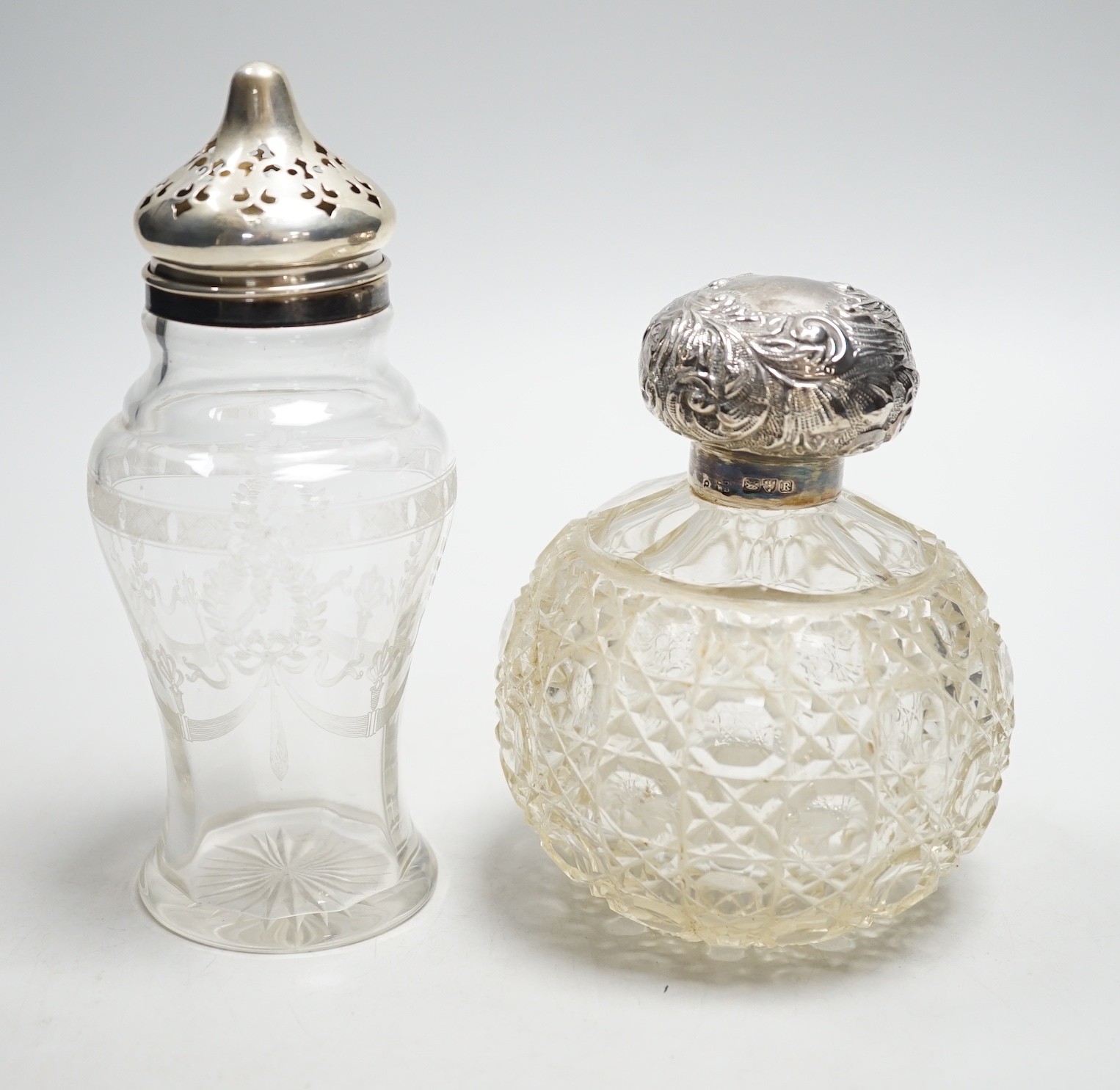 A late Victorian repousse silver mounted cut glass scent bottle, Chester, 1900, 13cm and a silver - Image 2 of 6