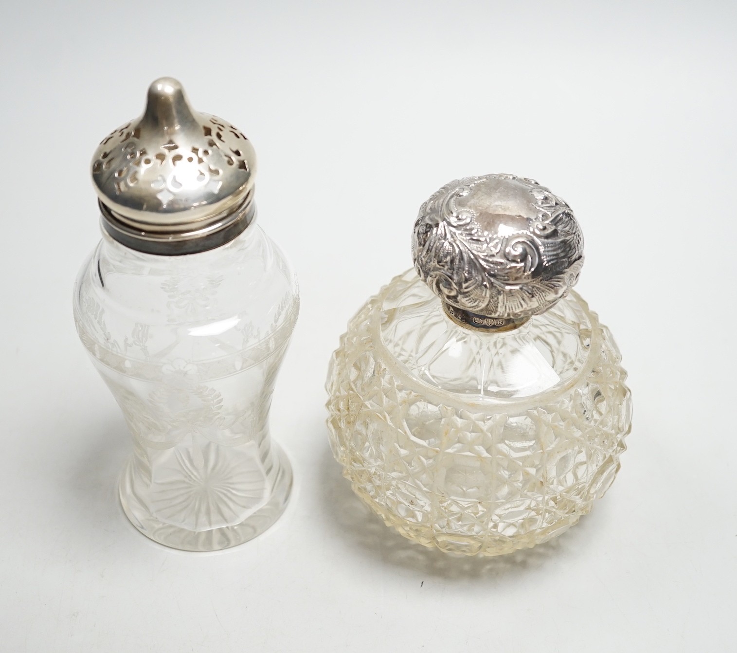 A late Victorian repousse silver mounted cut glass scent bottle, Chester, 1900, 13cm and a silver - Image 3 of 6