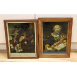 Two early 19th century reverse painted prints on glass, 'The Strolling Musician' and 'St Mark', 34 x