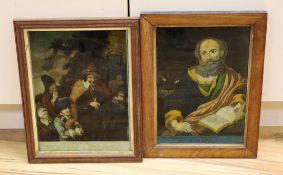Two early 19th century reverse painted prints on glass, 'The Strolling Musician' and 'St Mark', 34 x