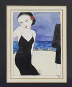 Lee Spring, ink and watercolour, Woman on the seashore, signed and dated 1974, 13 x 10cm