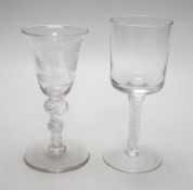 Two airtwist stem glasses, one in Jacobite style (2), tallest 16cms high