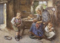Henry Henshall, watercolour, Cottage interior with grandmother and children, signed, 27 x 37cm