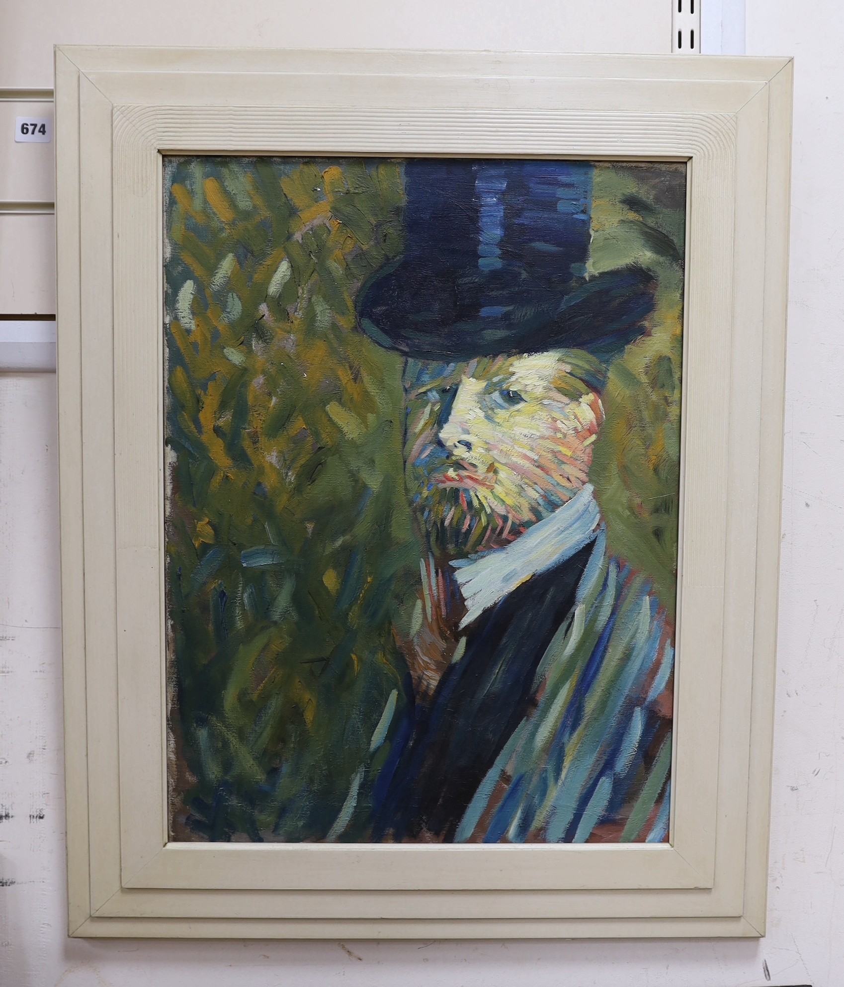 French School, oil on canvas, Portrait of a gentleman wearing a top hat, 60 x 44cm - Image 2 of 2