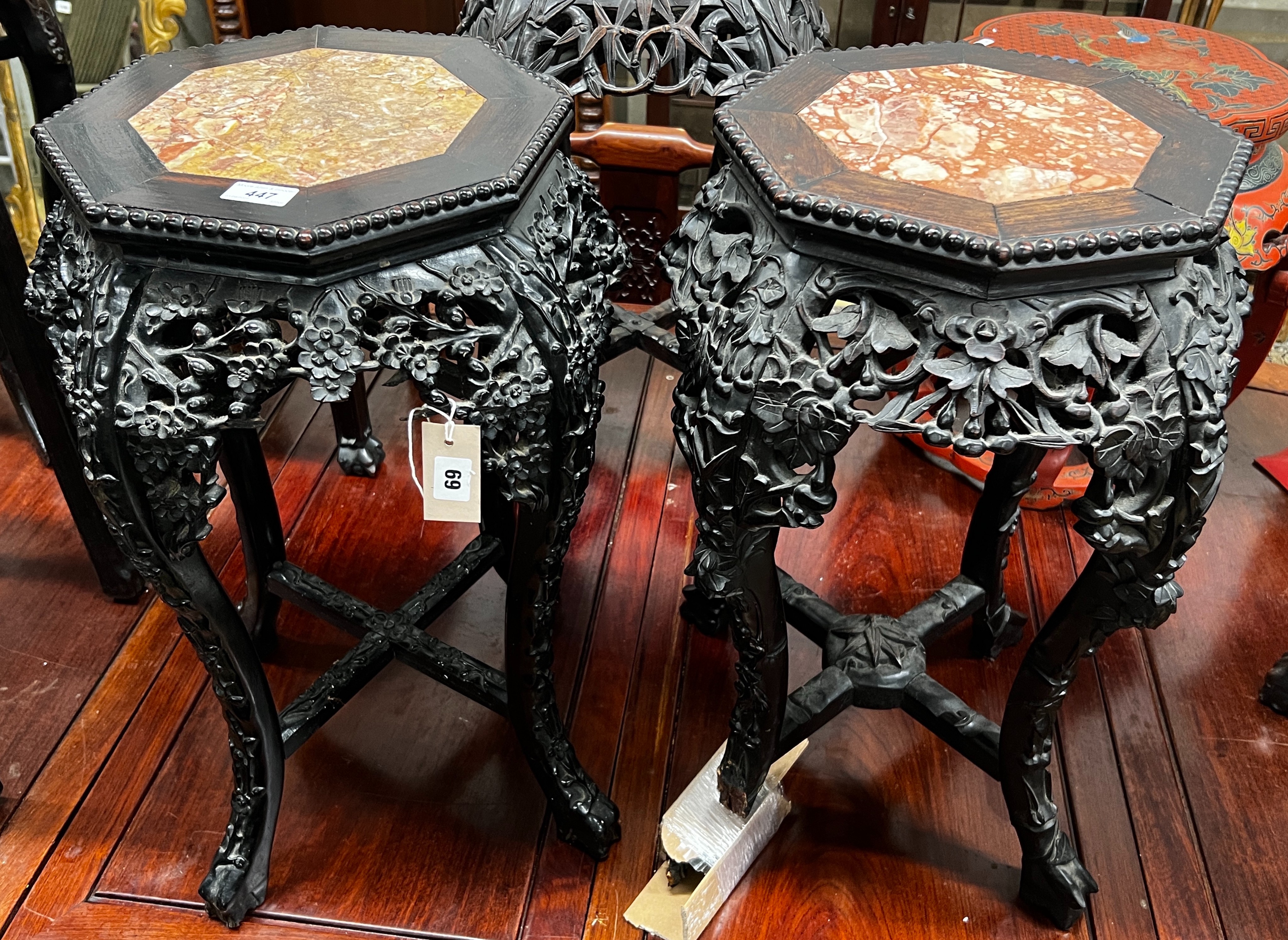 A near pair of Chinese marble top octagonal carved hongmu vase stands, width 40cm, height 62cm - Image 6 of 10