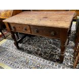 A Victorian stained pitch pine two drawer serving table by repute from Balmoral Castle kitchens,